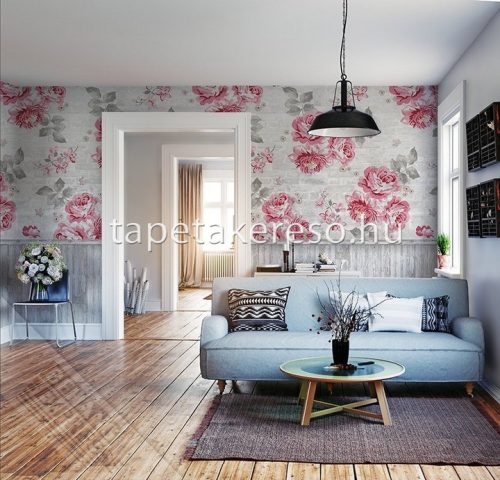 Behang Expresse Colorful vlies anyagú fehér, szürke, rózsaszín, bordó színű téglamintás, virágos romantikus tapéta