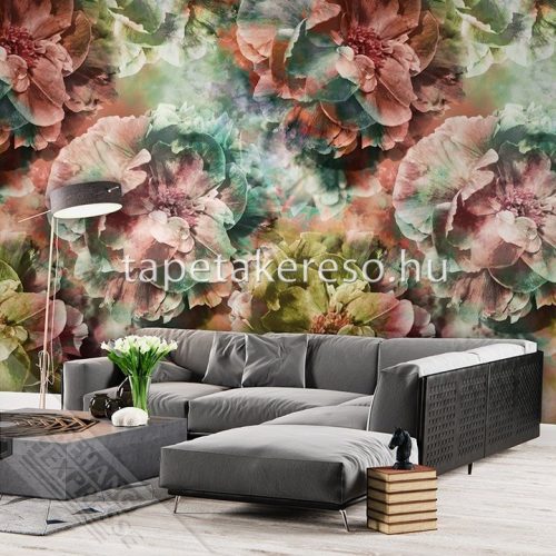 Behang Expresse Colorful vlies anyagú korall, zöld, beige színű virágos romantikus tapéta