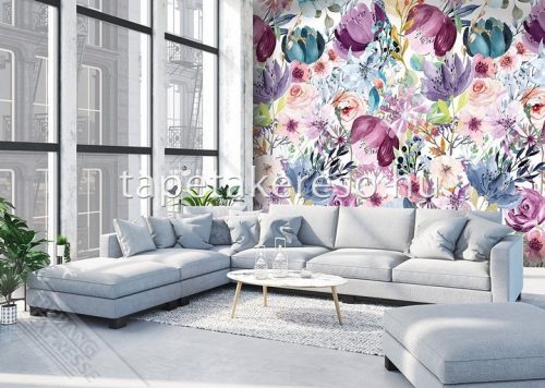 Behang Expresse Colorful vlies anyagú kék, lila, zöld, fehér, rózsaszín színű virágos romantikus tapéta
