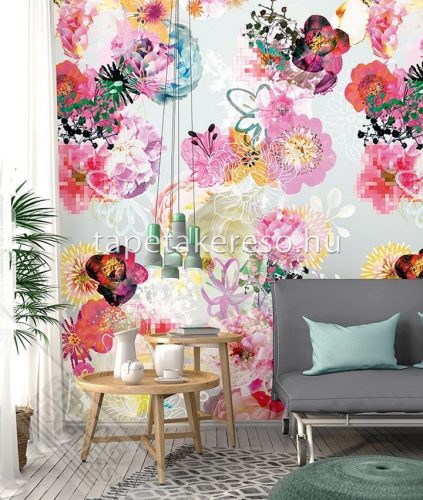 Behang Expresse Colorful vlies anyagú pink, narancssárga, kék, türkiz, fehér, szürke színű virágos romantikus tapéta