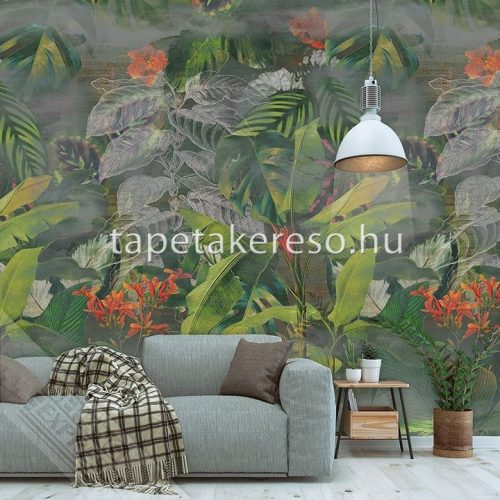 Behang Expresse Colorful vlies anyagú szürke, piros, zöld színű virágos, leveles modern tapéta