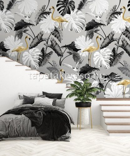 Behang Expresse Colorchoc Light and Dark vlies anyagú fehér, szürke, fekete, sárga színű madaras, leveles modern poszter