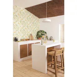   Caselio  Kitchen box, vlies, vinyl anyagú, fehér, zöld, rózsaszín, okker színű, leveles, Modern tapéta
