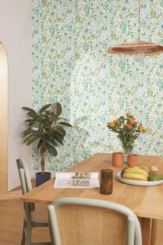 Caselio  Kitchen box, vlies, vinyl anyagú, fehér, zöld, türkiz, lila színű, leveles, Modern tapéta