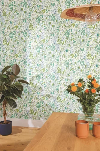 Caselio  Kitchen box, vlies, vinyl anyagú, fehér, zöld, türkiz, lila színű, leveles, Modern tapéta