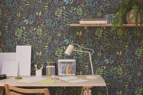 Caselio  Kitchen box, vlies, vinyl anyagú, fekete, zöld, rózsaszín, sárga színű, leveles, Modern tapéta
