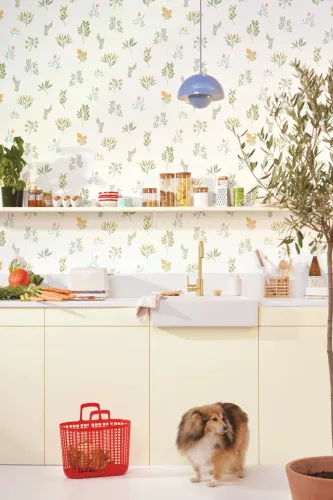 Caselio  Kitchen box, vlies, vinyl anyagú, fehér, türkiz, zöld, sárga színű, növényes, virágos, Modern tapéta