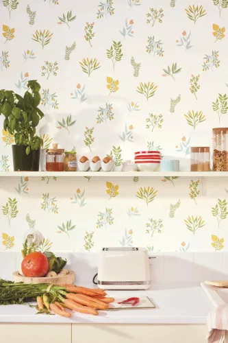 Caselio  Kitchen box, vlies, vinyl anyagú, fehér, türkiz, zöld, sárga színű, növényes, virágos, Modern tapéta
