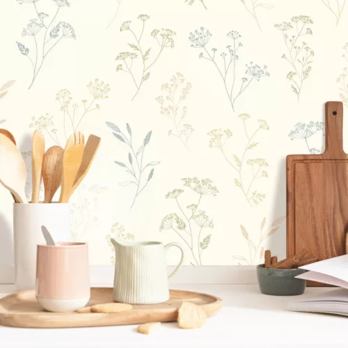 Caselio  Kitchen box, vlies, vinyl anyagú, fehér, kék, barna, mályva színű, növényes , Modern tapéta
