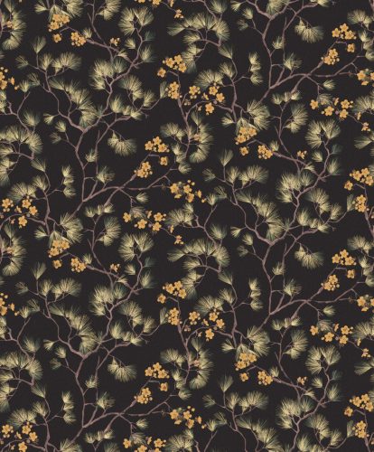 Khroma Kimono vlies anyagú, fekete, mályva, zöld, arany színű, ágas, virágos, Modern tapéta