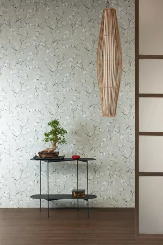 Khroma Kimono vlies anyagú, zöld, fekete, fehér, vajszínű színű, ágas, virágos, Modern tapéta
