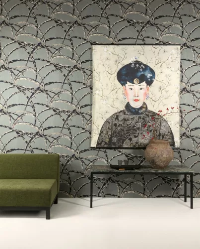 Khroma Kimono vlies anyagú, zöld, fekete, fehér, szürke színű, absztrakt, Modern tapéta