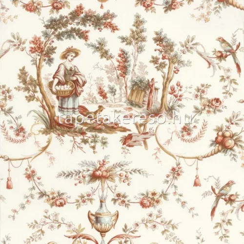 Casadeco LES BELLES TOILES DE JOUY vlies anyagú fehér, barna, terrakotta színű virágos, életkép romantikus tapéta