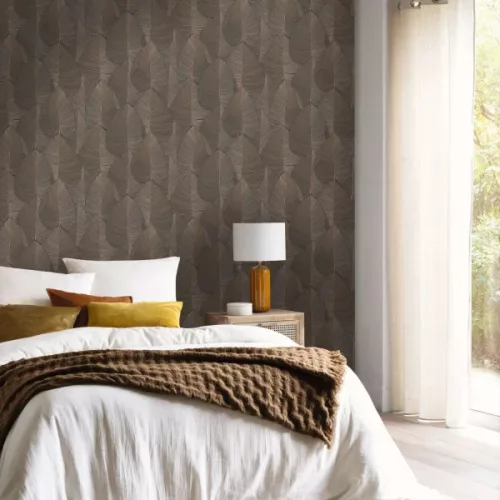 Caselio Light vinyl, vlies anyagú, fekete, barna színű, leveles, Modern tapéta