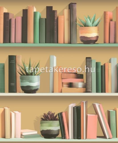 Ugepa Artifice vlies, vinyl anyagú sárga, narancssárga, zöld, barna színű növényes, könyvespolc modern tapéta