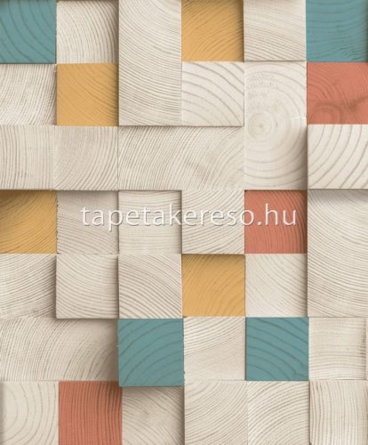 Ugepa Artifice vlies, vinyl anyagú beige, zöld, sárga, terrakotta színű 3d, kockás, famintás modern tapéta