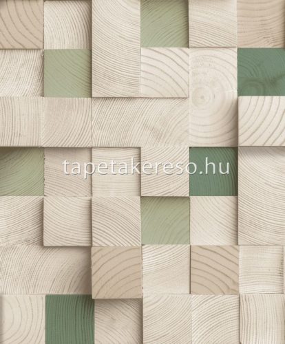 Ugepa Artifice vlies, vinyl anyagú zöld, beige, barna színű 3d, kockás, famintás modern tapéta
