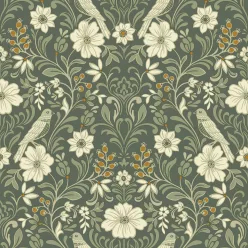   York Magnolia Home by Joanna Gaines papír anyagú zöld, vajszínű, mustársárga színű madaras, virágos Romantikus tapéta
