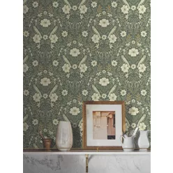   York Magnolia Home by Joanna Gaines papír anyagú zöld, vajszínű, mustársárga színű madaras, virágos Romantikus tapéta