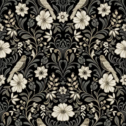 York Magnolia Home by Joanna Gaines papír anyagú fekete, szürke, fehér, barna színű madaras, virágos Romantikus tapéta