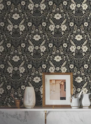 York Magnolia Home by Joanna Gaines papír anyagú fekete, szürke, fehér, barna színű madaras, virágos Romantikus tapéta