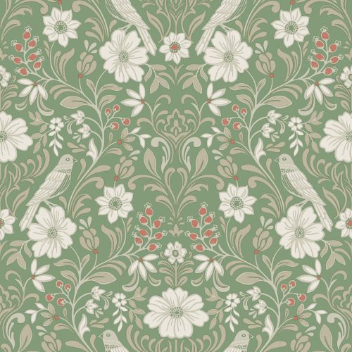 York Magnolia Home by Joanna Gaines papír anyagú zöld, fehér, barna, terrakotta színű madaras, virágos Romantikus tapéta
