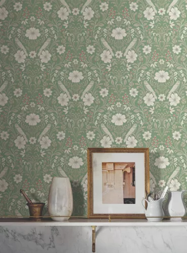 York Magnolia Home by Joanna Gaines papír anyagú zöld, fehér, barna, terrakotta színű madaras, virágos Romantikus tapéta