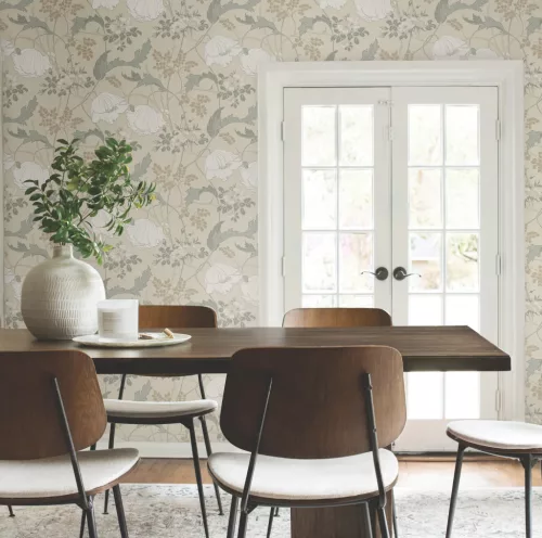 York Magnolia Home by Joanna Gaines papír anyagú fehér, beige, barna, zöld színű leveles, virágos Romantikus tapéta