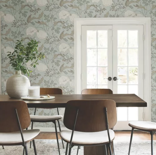 York Magnolia Home by Joanna Gaines papír anyagú fehér, kék, barna színű leveles, virágos Romantikus tapéta