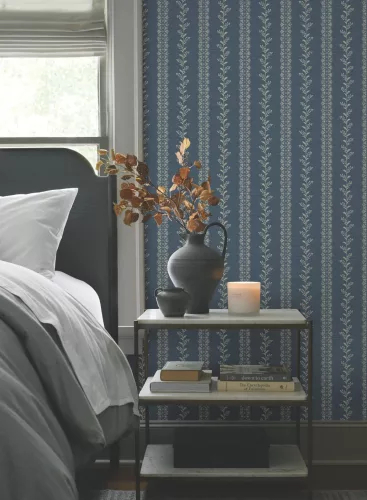 York Magnolia Home by Joanna Gaines papír anyagú kék, szürke színű leveles, csíkos Romantikus tapéta