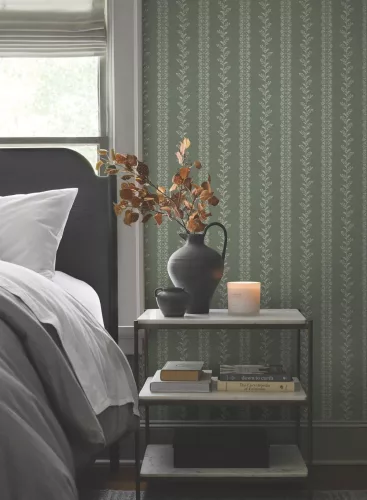 York Magnolia Home by Joanna Gaines papír anyagú zöld, szürke  színű leveles, csíkos Romantikus tapéta