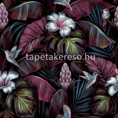 Nina Hancoc Perla vlies, vinyl anyagú fekete, fehér, bordó, kék színű virágos, leveles modern, natural tapéta