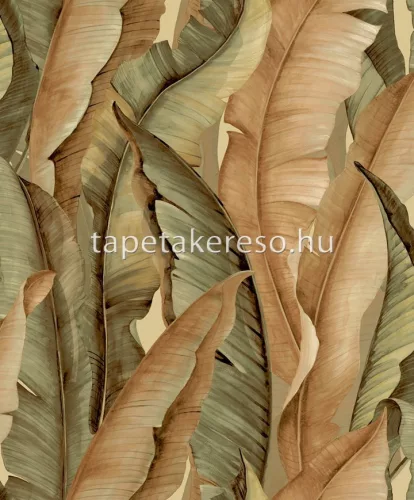 Nina Hancoc Perla vlies, vinyl anyagú barna, zöld színű leveles modern, natural tapéta