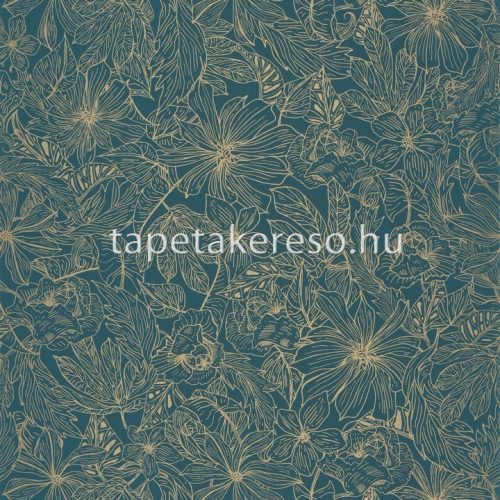 Caselio Only blue vinyl, vlies anyagú kék, arany színű virágos modern tapéta
