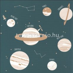   Caselio OUR PLANET vlies anyagú kék, fehér, arany, beige, barna színű bolygós, feliratos gyermek tapéta