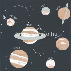   Caselio OUR PLANET vlies anyagú kék, barna, szürke, fehér színű bolygós, feliratos gyermek tapéta