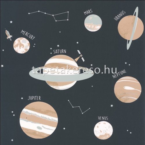 Caselio OUR PLANET vlies anyagú kék, barna, szürke, fehér színű bolygós, feliratos gyermek tapéta