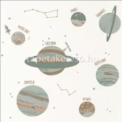   Caselio OUR PLANET vlies anyagú fehér, zöld, barna színű bolygós, feliratos gyermek tapéta