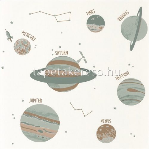 Caselio OUR PLANET vlies anyagú fehér, zöld, barna színű bolygós, feliratos gyermek tapéta