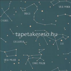   Caselio OUR PLANET vlies anyagú kék, fehér, arany színű feliratos, csillagkép gyermek tapéta