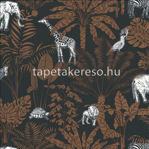 Caselio OUR PLANET vlies anyagú kék, rozsdabarna, fehér színű madaras, leveles, állatos gyermek tapéta