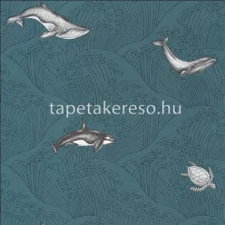   Caselio OUR PLANET vlies anyagú kék, fehér, szürke színű halas, hullám gyermek tapéta