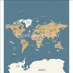   Caselio OUR PLANET vlies anyagú kék, fehér, barna színű térkép, állatos, feliratos gyermek poszter