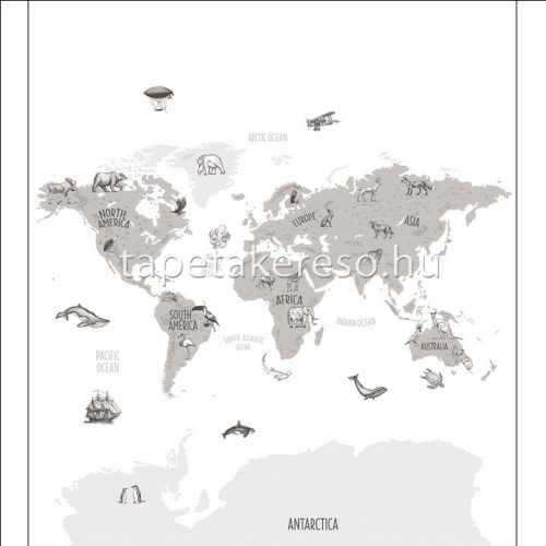 Caselio OUR PLANET vlies anyagú fehér, szürke, fekete színű térkép, állatos, feliratos gyermek poszter