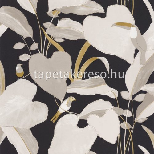 Caselio L'ODYSSÉE vlies anyagú fekete, beige, sárga színű madaras, leveles modern tapéta