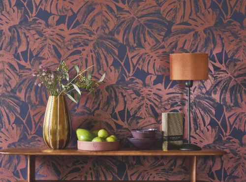 Casadeco Rio, vlies anyagú, kék, rosegold színű, leveles, Modern tapéta