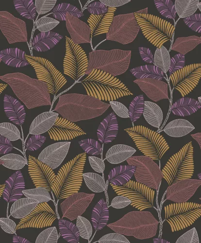 Casadeco Rio, vlies anyagú, fekete, lila, pink, bronz, gyöngyház, piros színű, leveles, Modern tapéta