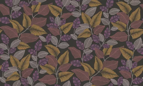 Casadeco Rio, vlies anyagú, fekete, lila, pink, bronz, gyöngyház, piros színű, leveles, Modern tapéta
