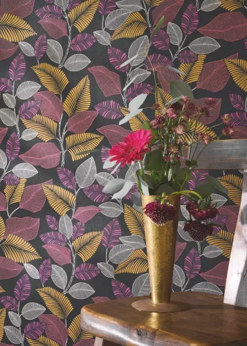 Casadeco Rio, vlies anyagú, fekete, lila, pink, bronz, gyöngyház, piros színű, leveles, Modern tapéta