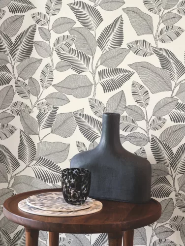 Casadeco Rio, vlies anyagú, törtfehér, szürke színű, leveles, Modern tapéta